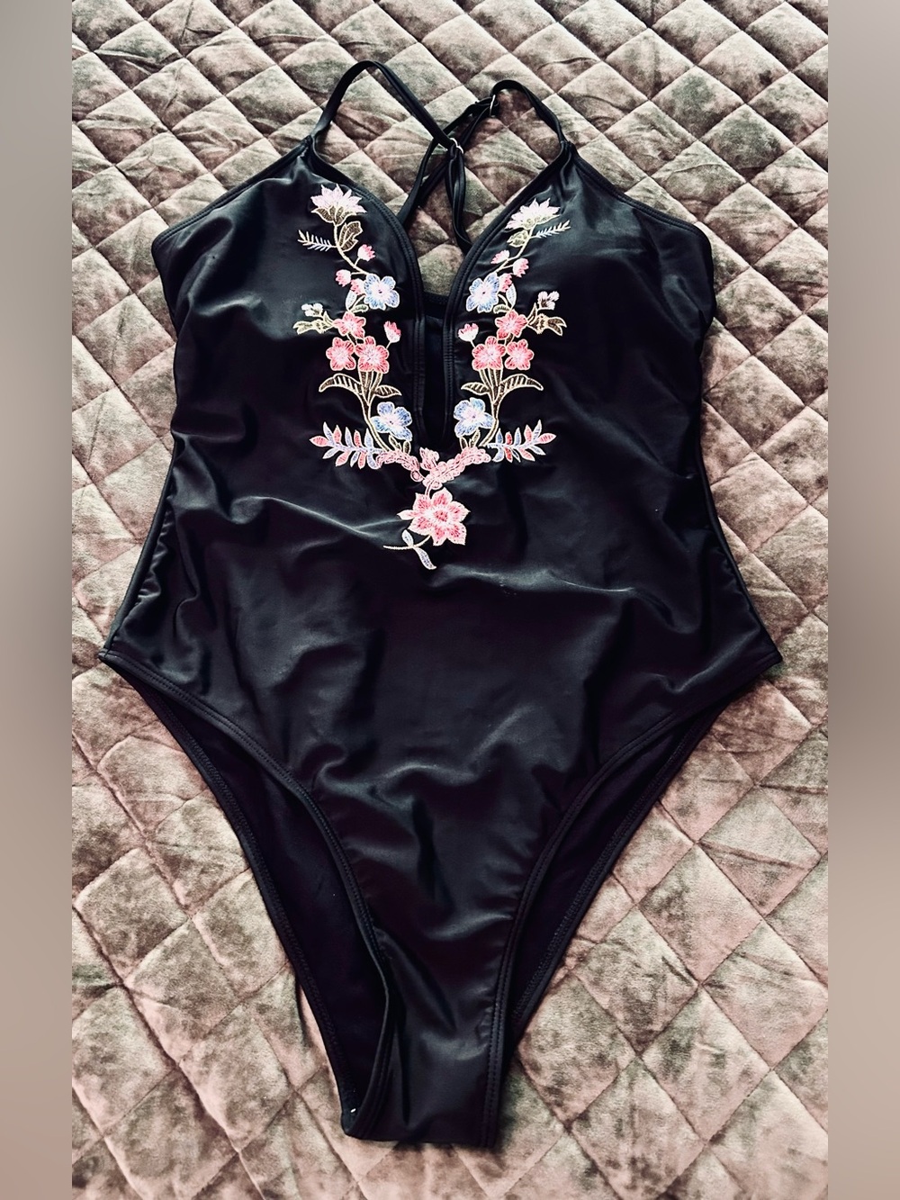 Black One-Piece Swimsuit with Pink Floral Embroidery